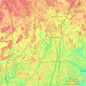Topografinen kartta Tuusula, korkeus, helpotus