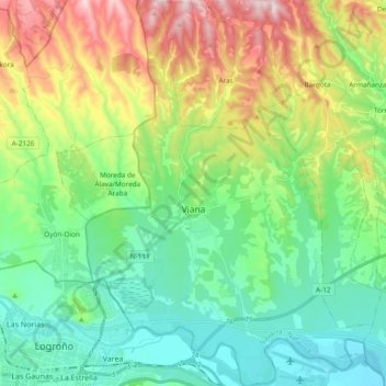 Topografinen kartta Viana, korkeus, helpotus