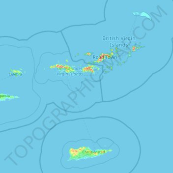 Topografinen kartta Virgin Islands, korkeus, helpotus