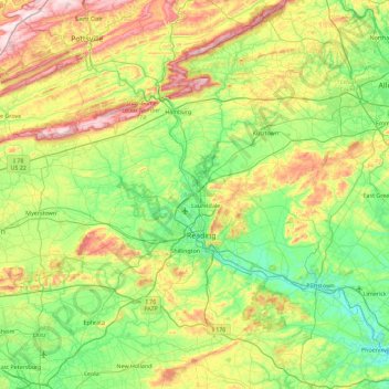 Topografinen kartta Berks County, korkeus, helpotus