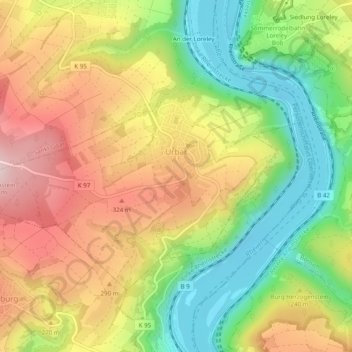 Topografinen kartta Urbar, korkeus, helpotus
