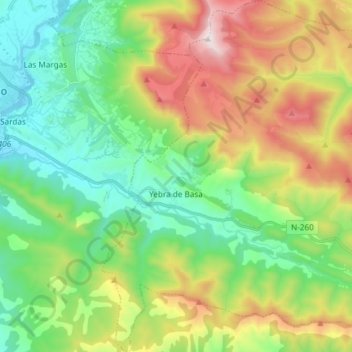 Topografinen kartta Yebra de Basa, korkeus, helpotus