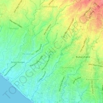 Topografinen kartta Canggu, korkeus, helpotus