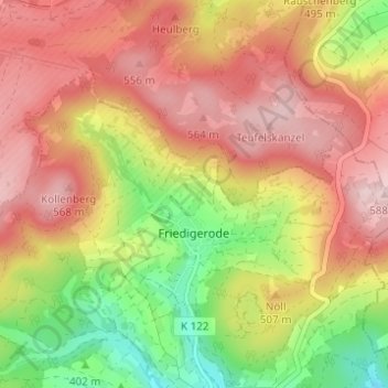 Topografinen kartta Friedigerode, korkeus, helpotus