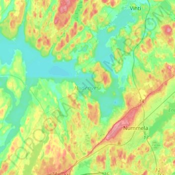 Topografinen kartta Hiidenvesi, korkeus, helpotus