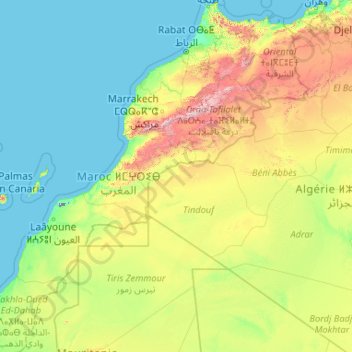 Topografinen kartta Marokko, korkeus, helpotus